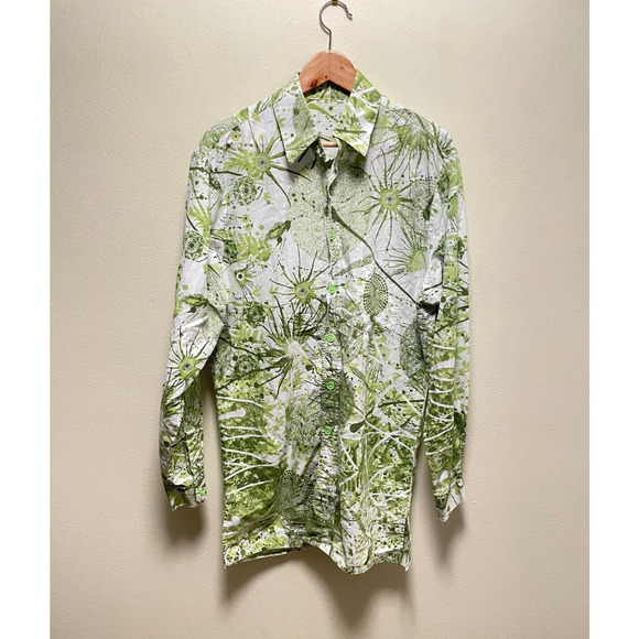 Handmade Dresses & Skirts - Vintage Handmade Womens Tunic Dress Large Green White Abstract Art to Wear 70s